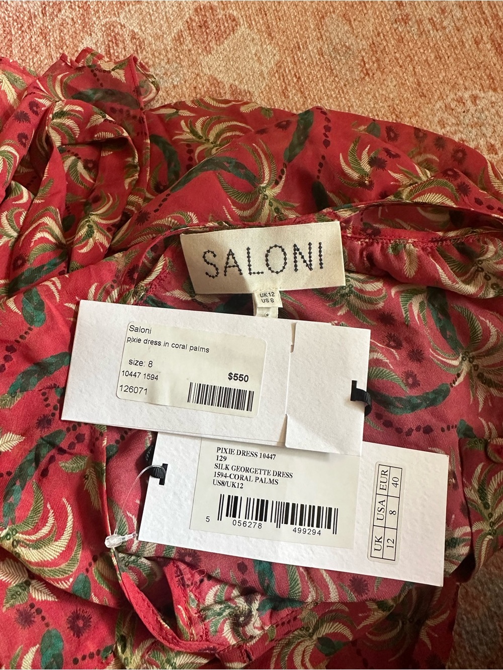NWT Saloni Pixie dress coral palms 100% silk long sleeve designer luxury size 8 - Picture 4 of 8